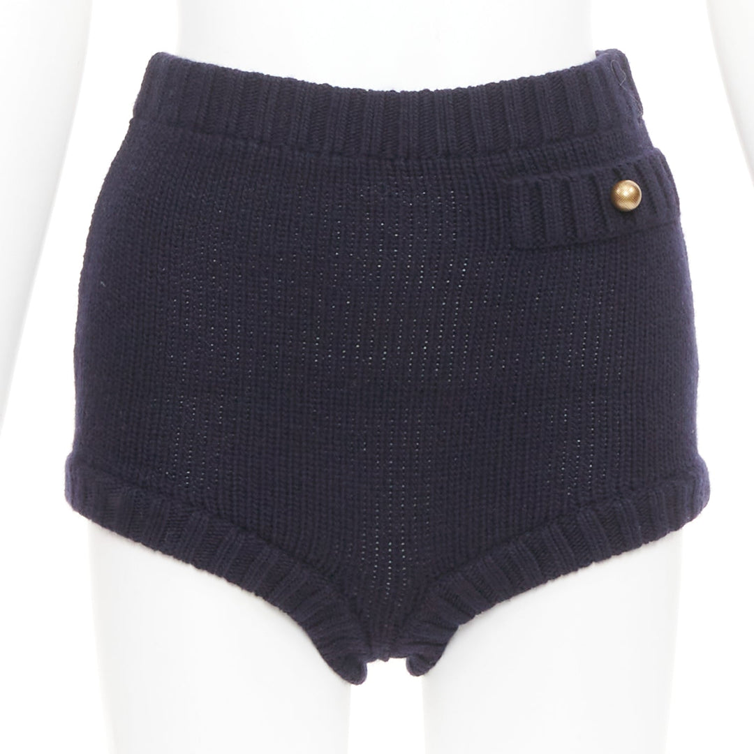 CHLOE 2024 Runway classic navy wool cashmere blend button knit mini shorts XS