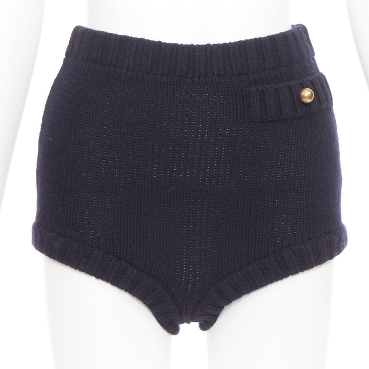 CHLOE 2024 Runway classic navy wool cashmere blend button knit mini shorts XS