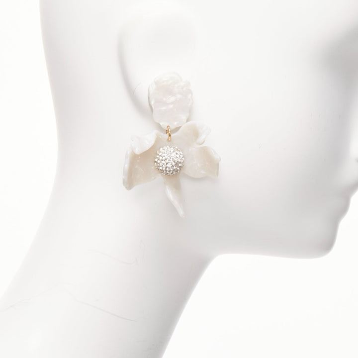 LELE SADOUGHI white marbled acrylic flower silver crystals clip on earrings