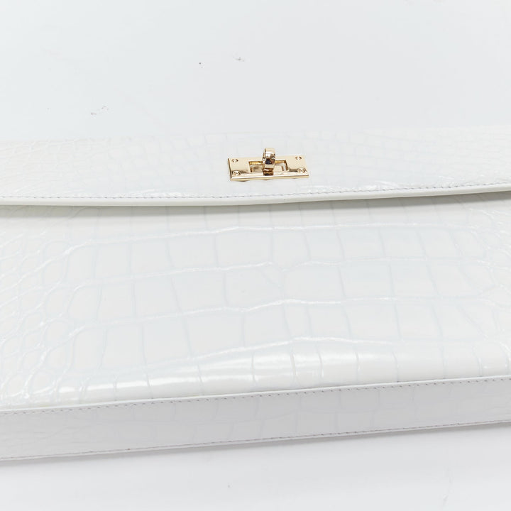 FERIDA YANG Bespoke white matte scaled leather gold buckle long flap clutch