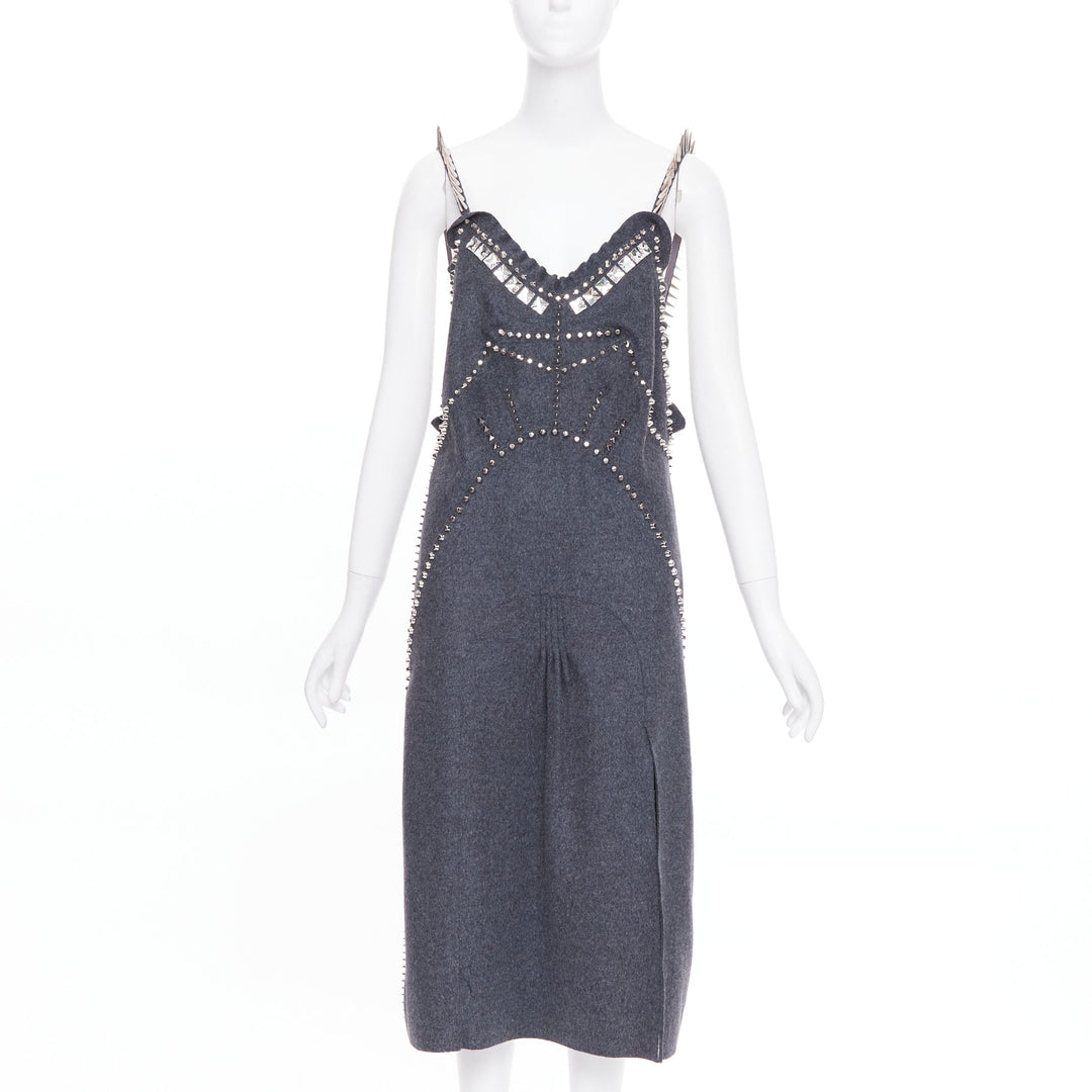 rare MIU MIU 2021 Runway grey wool crystal spikes stud punk slip dress IT38 XS