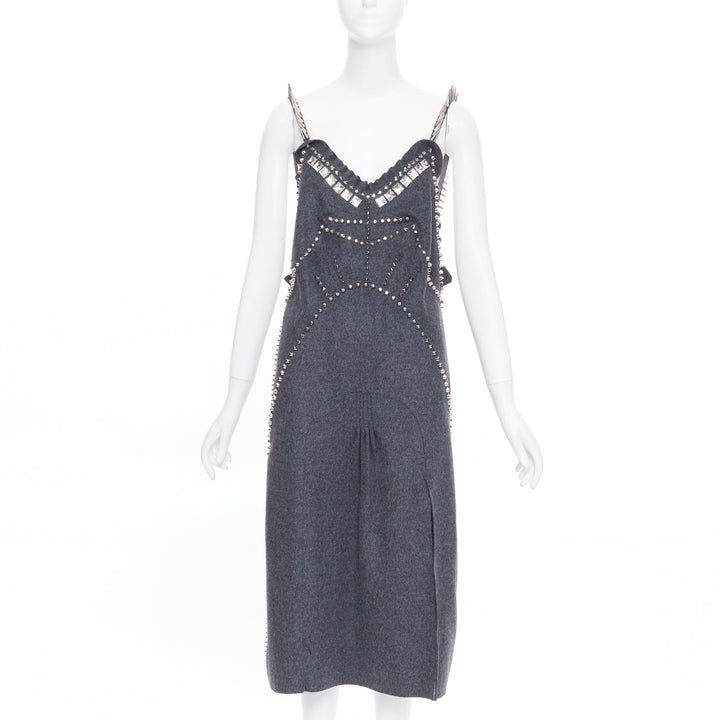 rare MIU MIU 2021 Runway grey wool crystal spikes stud punk slip dress IT38 XS