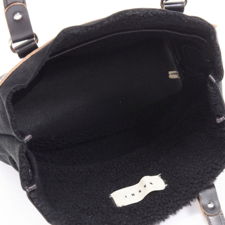 MARNI black shearling lined top handle crossbody soft tote bag