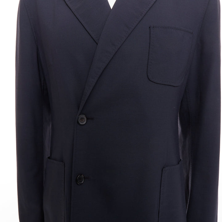 RAF SIMONS black virgin wool off centre buttons patch pocket long blazer IT48 M