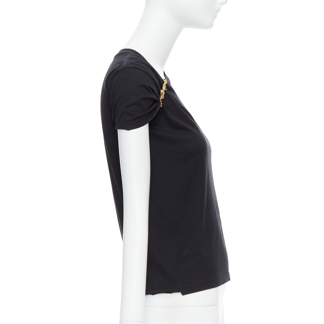 SAINT LAURENT 2016 black YSL gold brooch asymmetric pull tshirt XS