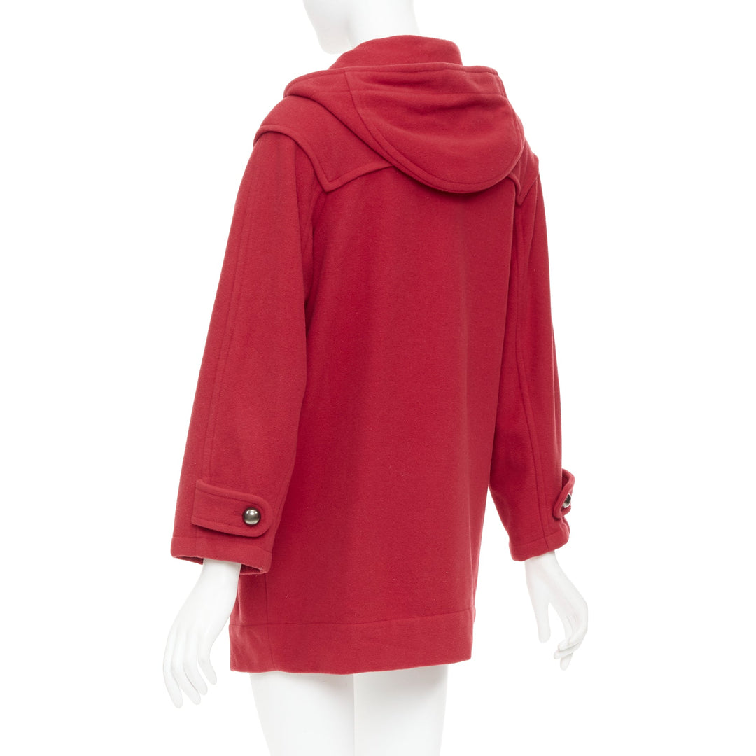 LANVIN EN BLEU red wool blend black brown toggle leather pea coat FR36 S