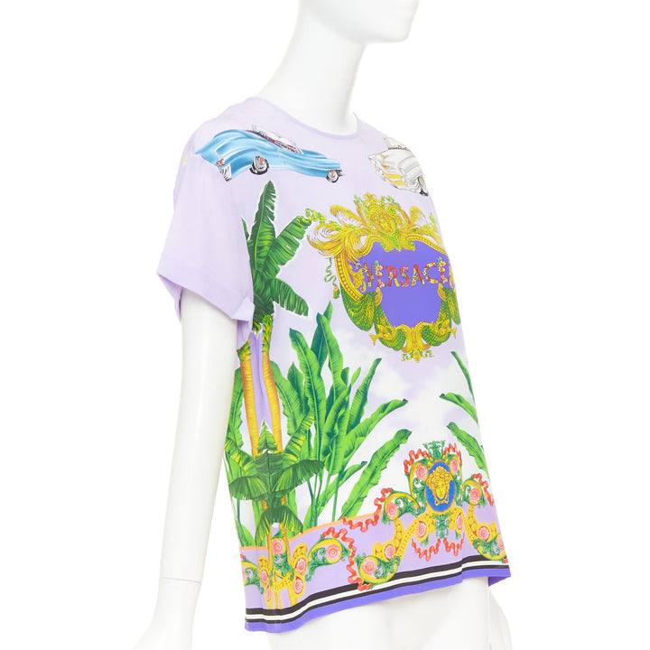 VERSACE Beverly Palm lilac purple silk print short sleeve top IT40 S