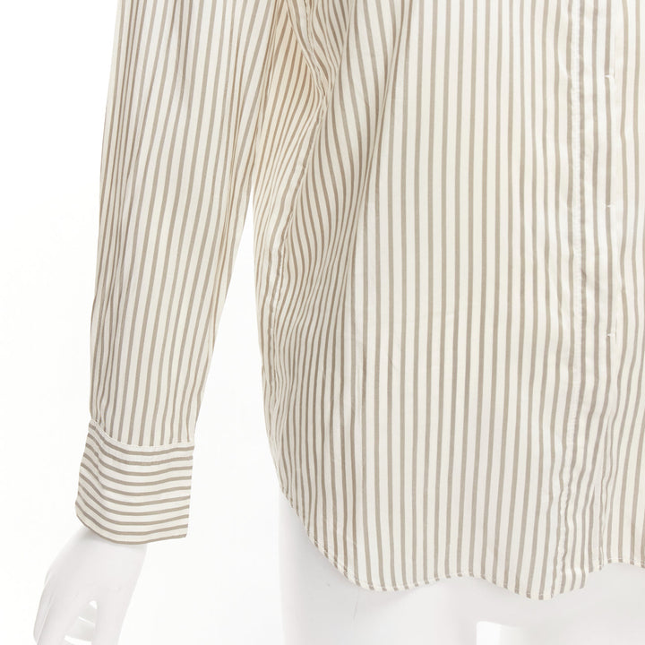 BRUNELLO CUCINELLI cream grey stripe black V beaded pocket dress shirt XS
