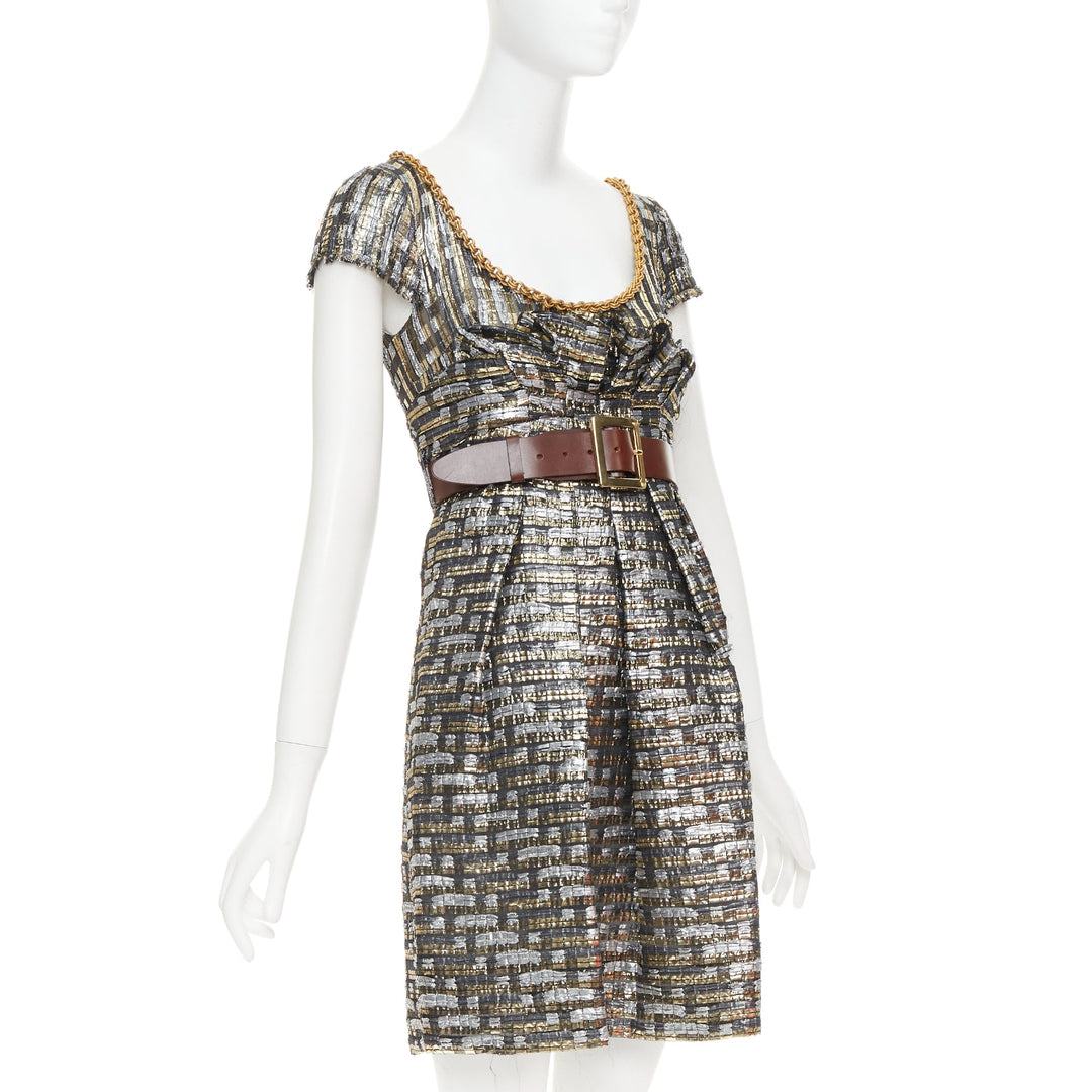 DOLCE GABBANA metallic gold silver check jacquard gold chain belt dress IT38 XS