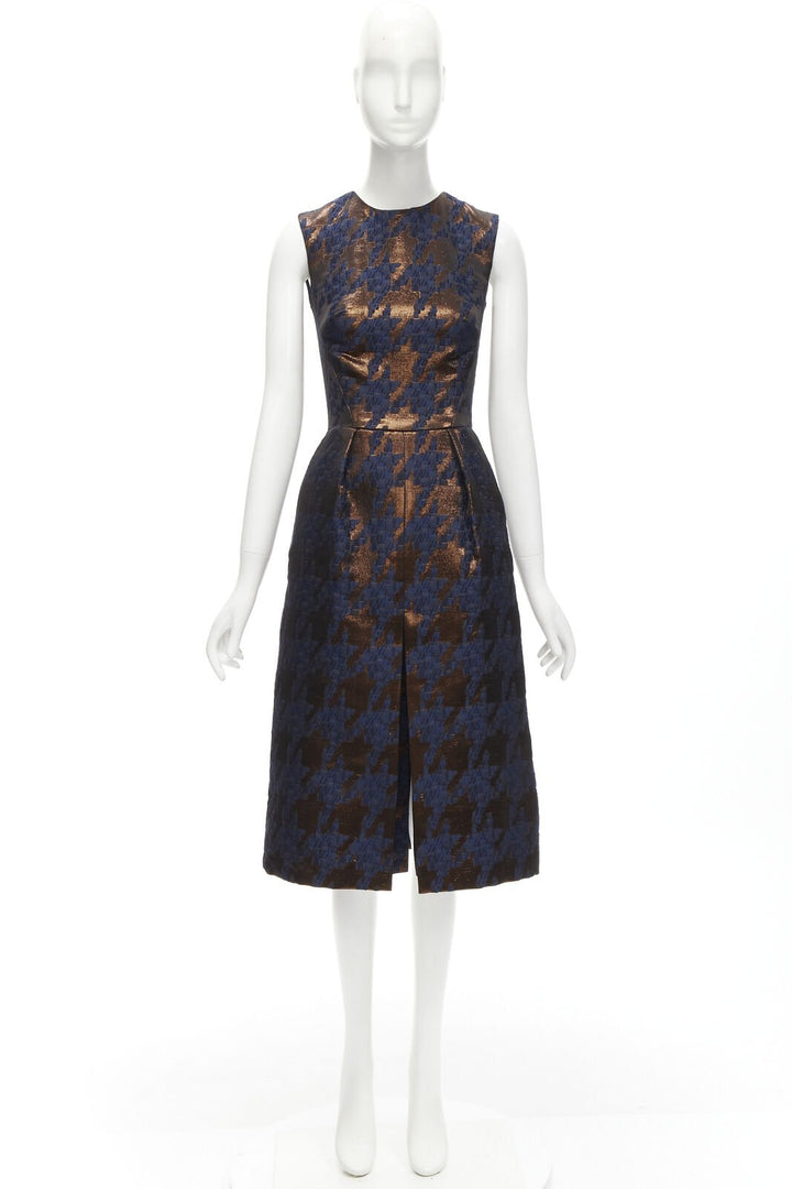 MARTIN GRANT metallic copper navy houndstooth jacquard midi dress FR34 XS