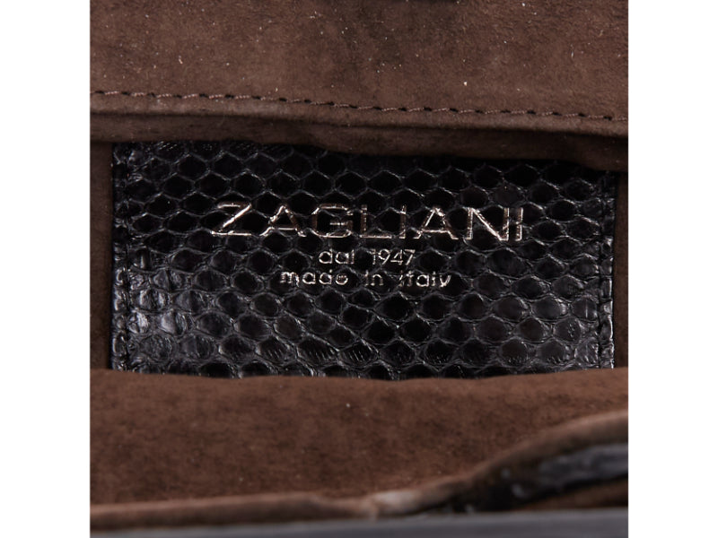 ZAGLIANI glossy black scaled leather framed turnlock evening clutch bag