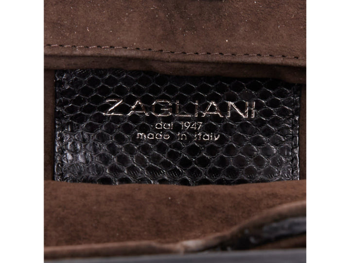 ZAGLIANI glossy black scaled leather framed turnlock evening clutch bag