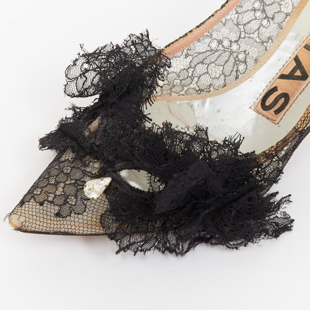 ROCHAS black floral lace mesh pom pom rosette point toe kitten heel pumps EU36