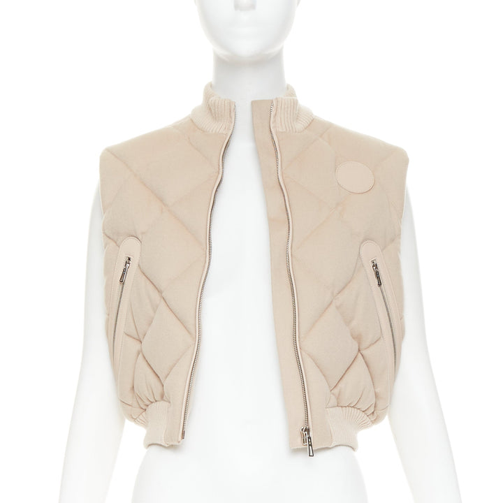 HERMES beige quilted waterproof 100% cashmere lambskin down puffer vest FR34 XXS