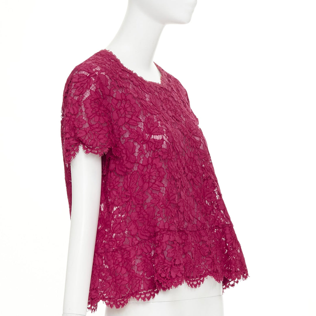 VALENTINO raspberry pink floral lace semi sheer peplum short sleeve top M