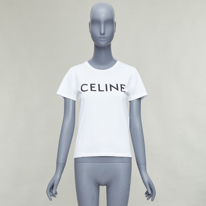 CELINE white cotton black big logo crew neck fitted tshirt XS
