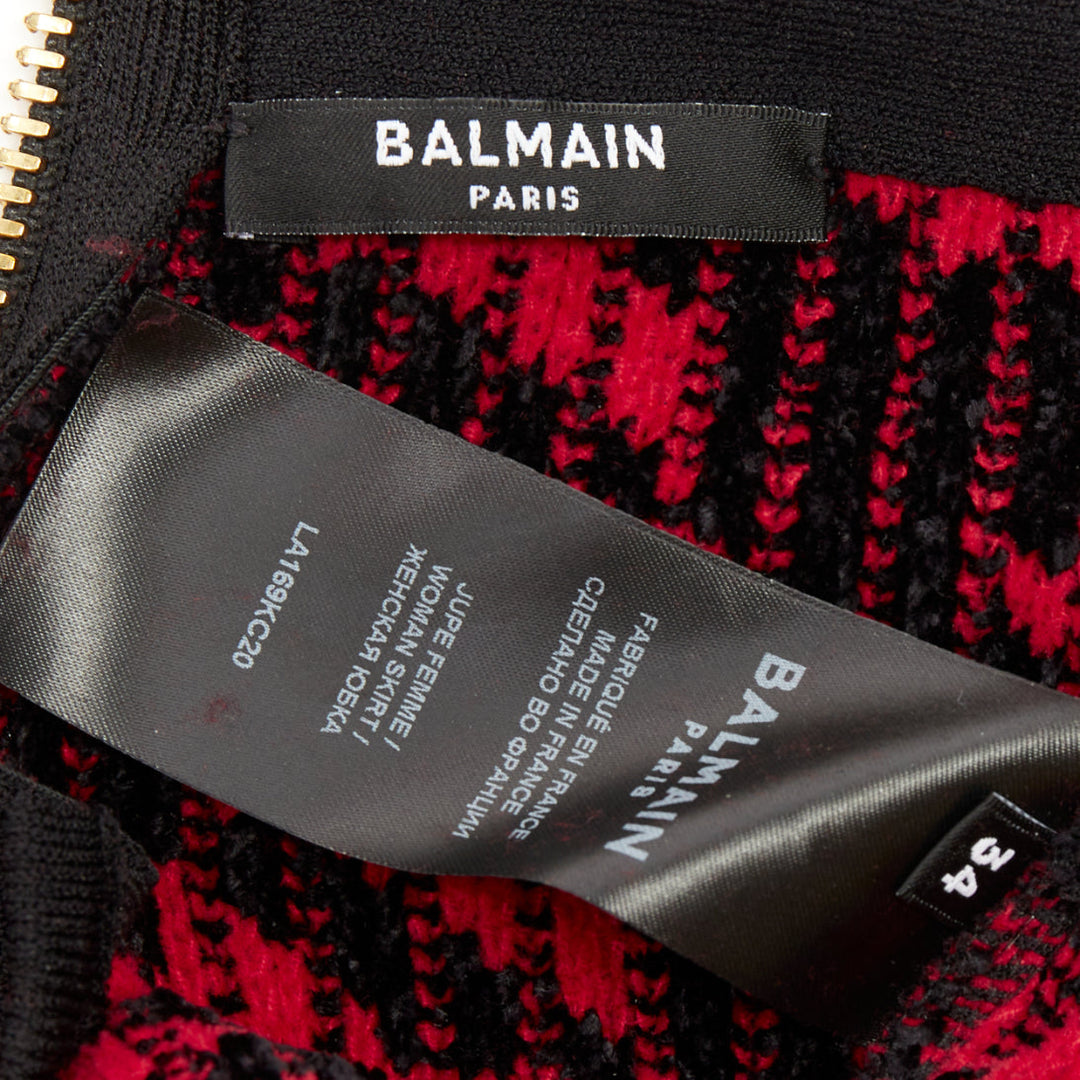 BALMAIN red black viscose blend tweed sequin trim velvet buttons skirt FR34 XS