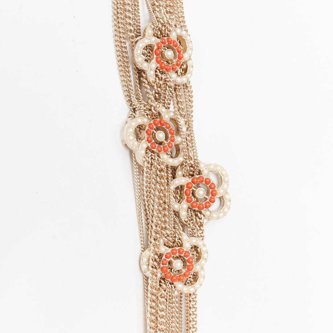 CHANEL A16P gold tone Camellia floral pearl fringe CC station sautoir necklac