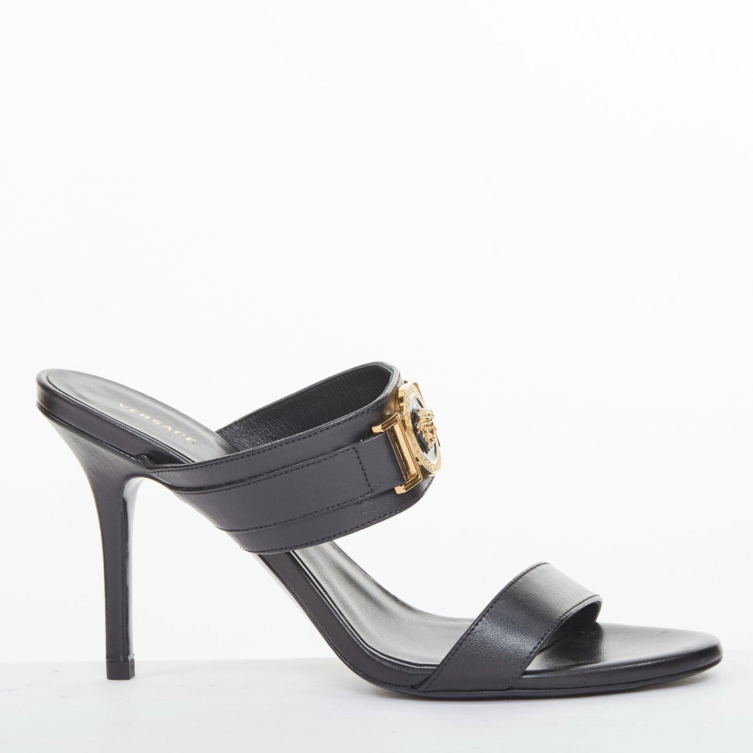 VERSACE Medusa Tribute gold buckle black leather high heel sandal EU38