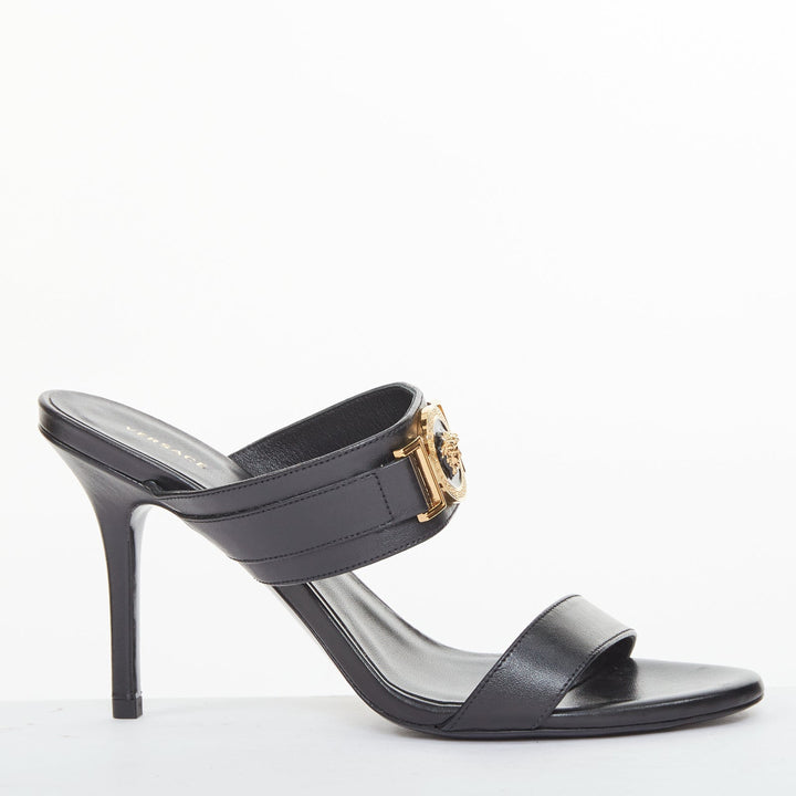 VERSACE Medusa Tribute gold buckle black leather high heel sandal EU38
