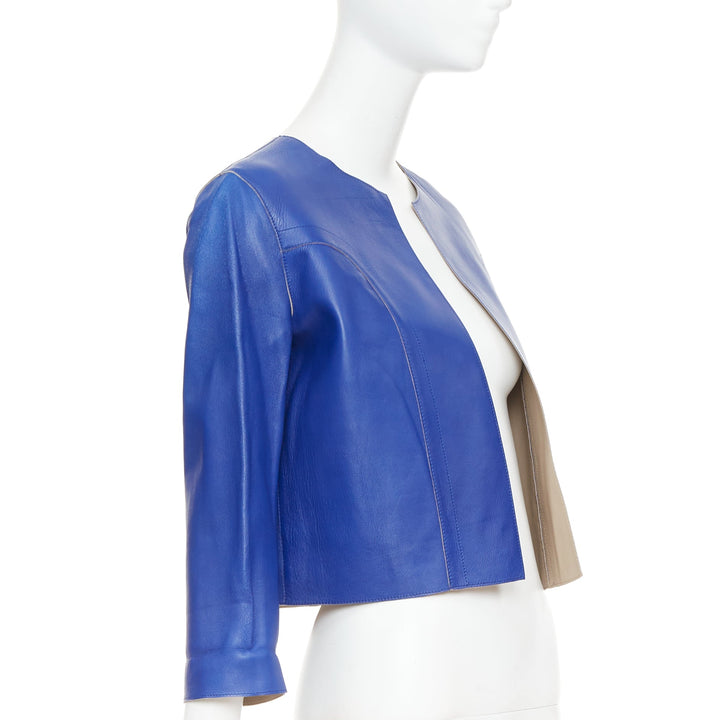 MARNI cobalt blue beige lined lamb leather rounded sleeve cropped jacket IT38 XS