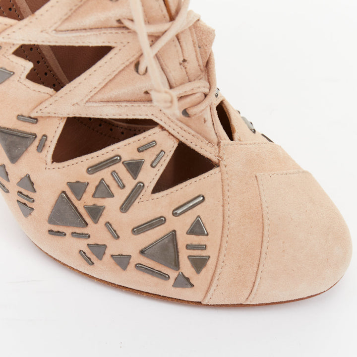 ALAIA 2014 Adelia blush pink suede geometric micro stud lace up booties EU36
