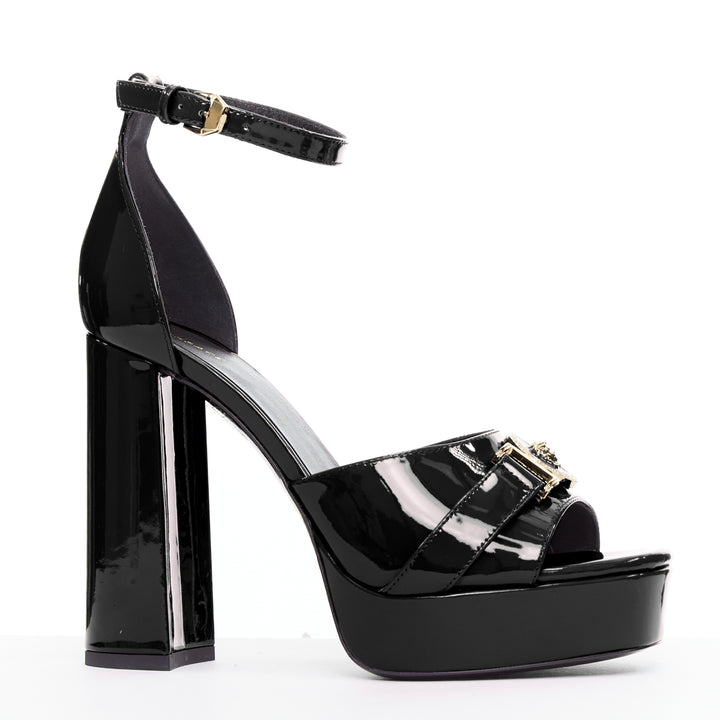 VERSACE Tribute black patent gold Medusa open toe platform sandal EU39