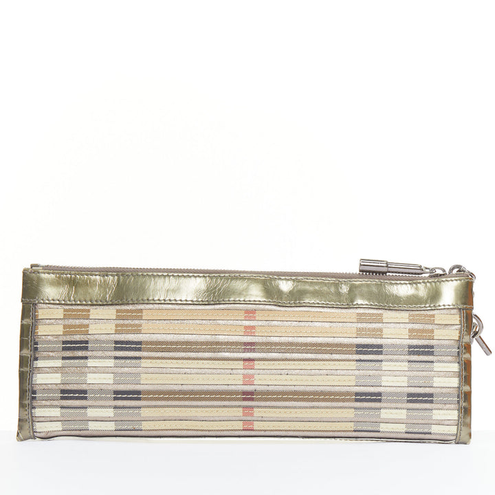 BURBERRY Nova Check metallic gold leather House Check applique zip clutch bag