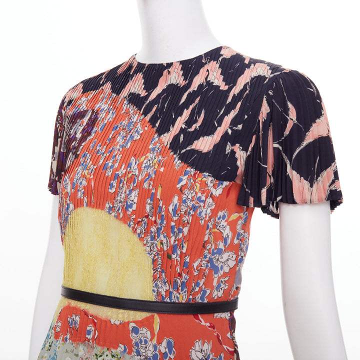 VALENTINO multicolor graphic print leather trim pleated lace insert dress IT40 S
