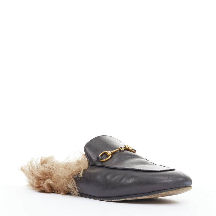 GUCCI Princetown brown fur lined black leather mule loafer EU38