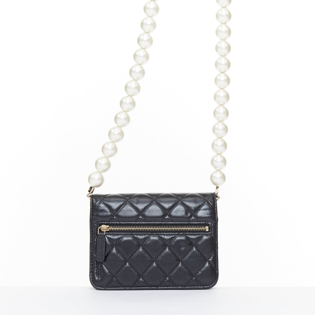CHANEL 2020 Maxi Pearls black quilted lambskin gold hardware wallet on chain bag