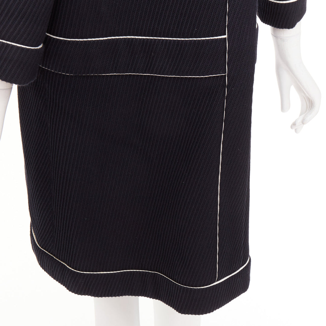 CHANEL 2015 Runway black cotton diagonal corded contrast satin piped coat FR36 S