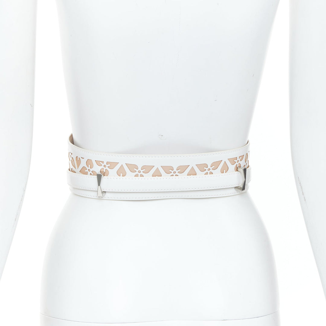 ALEXANDER MCQUEEN white laser cut leather floral silhouette waist belt 65cm
