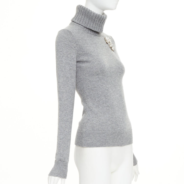 ALEXANDER MCQUEEN 2020 100% cashmere greypearl clear crystal brooch sweater  S