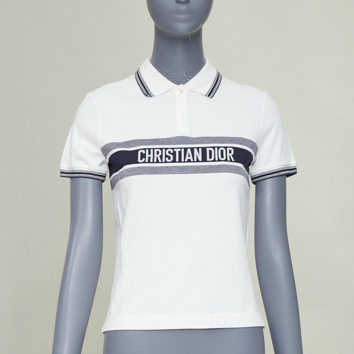 DIOR Dioriviera Signature Band white cotton navy striped intarsia polo shirt XS