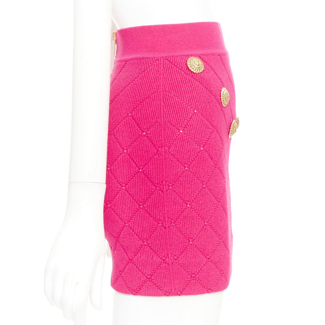 BALMAIN Embellished Knit Miniskirt pink gold button diamond quilted skirt FR36 S