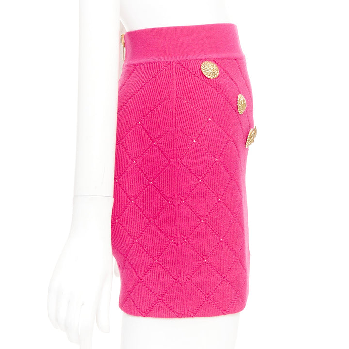 BALMAIN Embellished Knit Miniskirt pink gold button diamond quilted skirt FR36 S