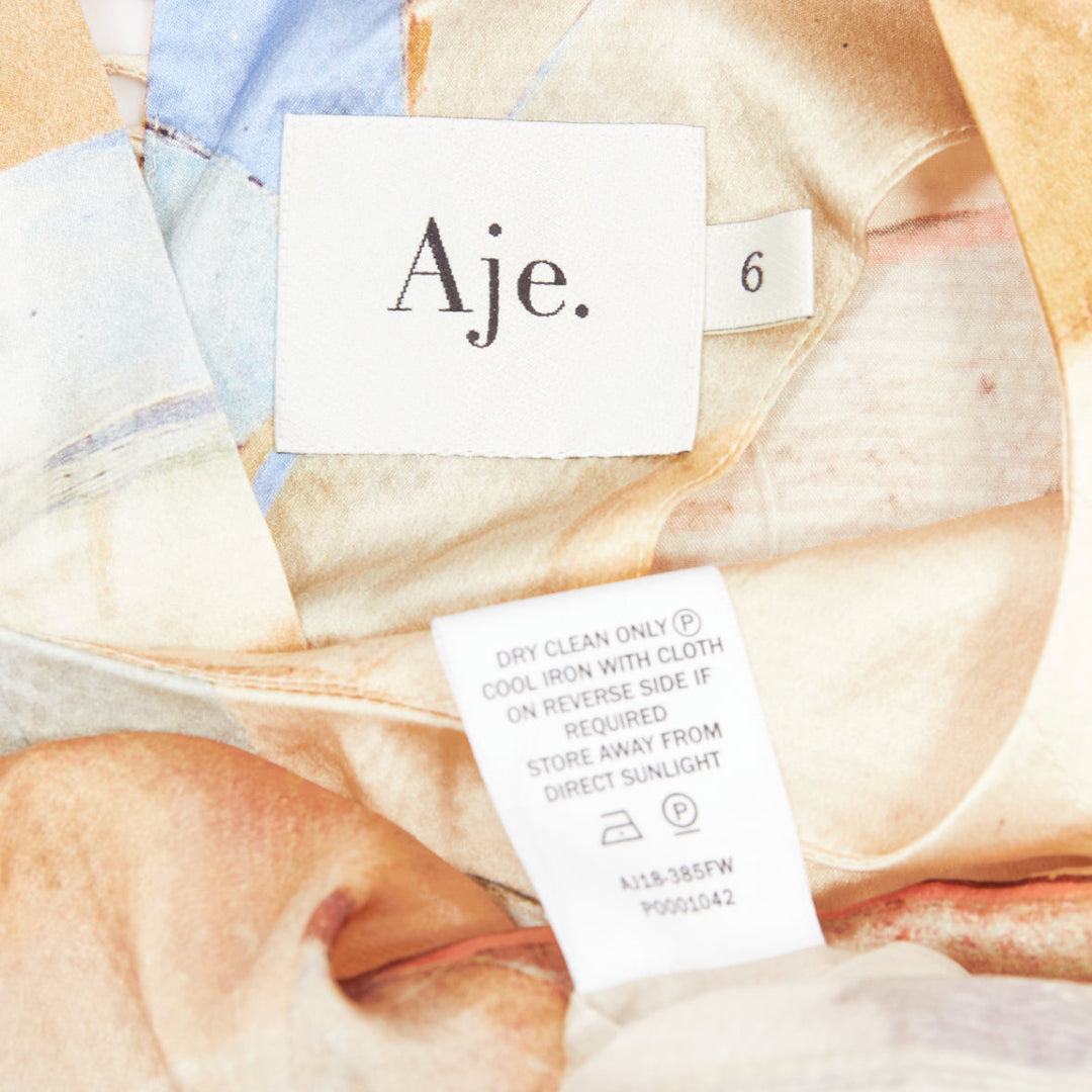 AJE 2018 100% silk beige blue abstract brush print puff sleeve top UK6 XS