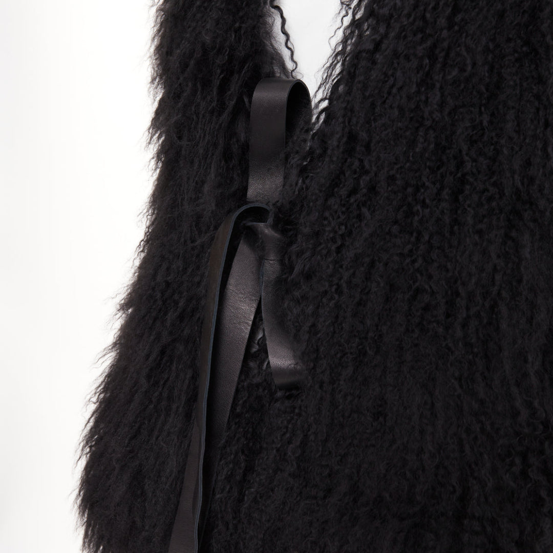 GIVENCHY black Mongolia shearling fur leather ribbon high low vest coat IT36 XXS