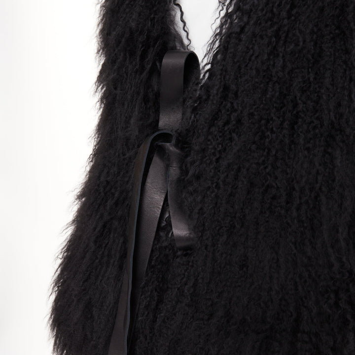 GIVENCHY black Mongolia shearling fur leather ribbon high low vest coat IT36 XXS