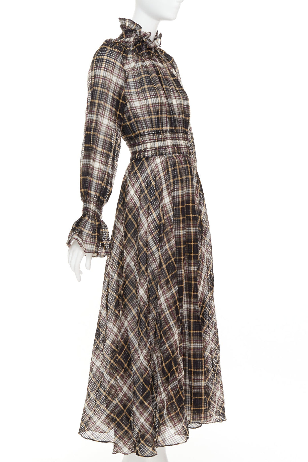BEAUFILLE brown cotton silk check sheer ruched neck sleeves peasant dress US0 S
