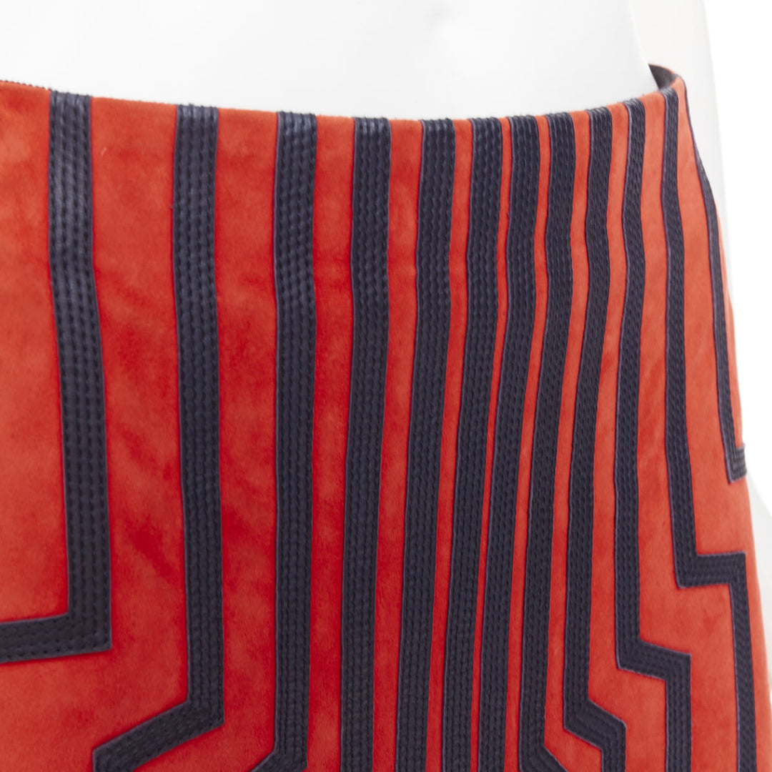 LOEWE 2016 Cyborg orange goat suede navy geometric inset applique skirt FR38 M