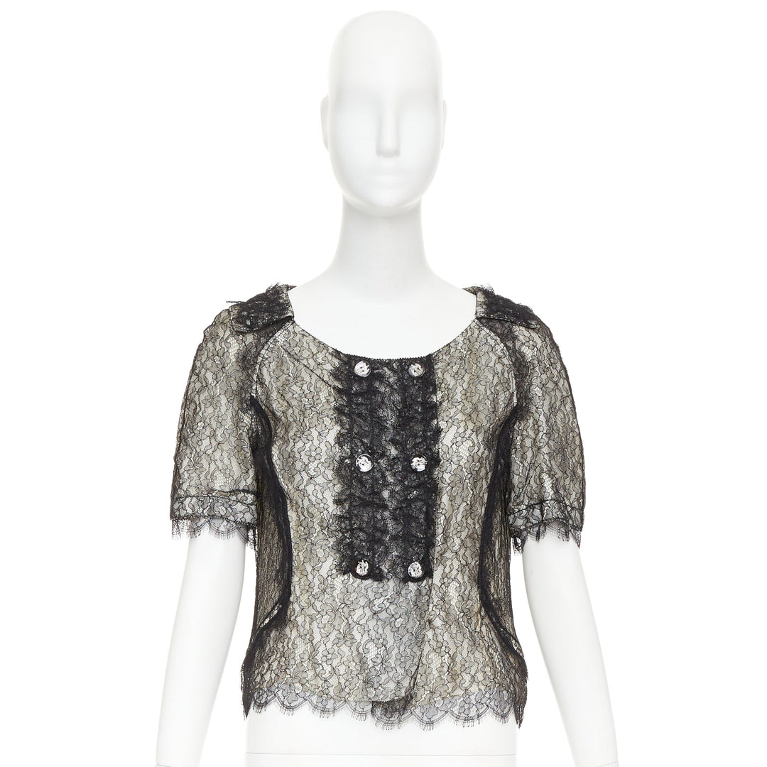 NINA RICCI black lace holographic buttons scallop double breasted blouse IT38 XS