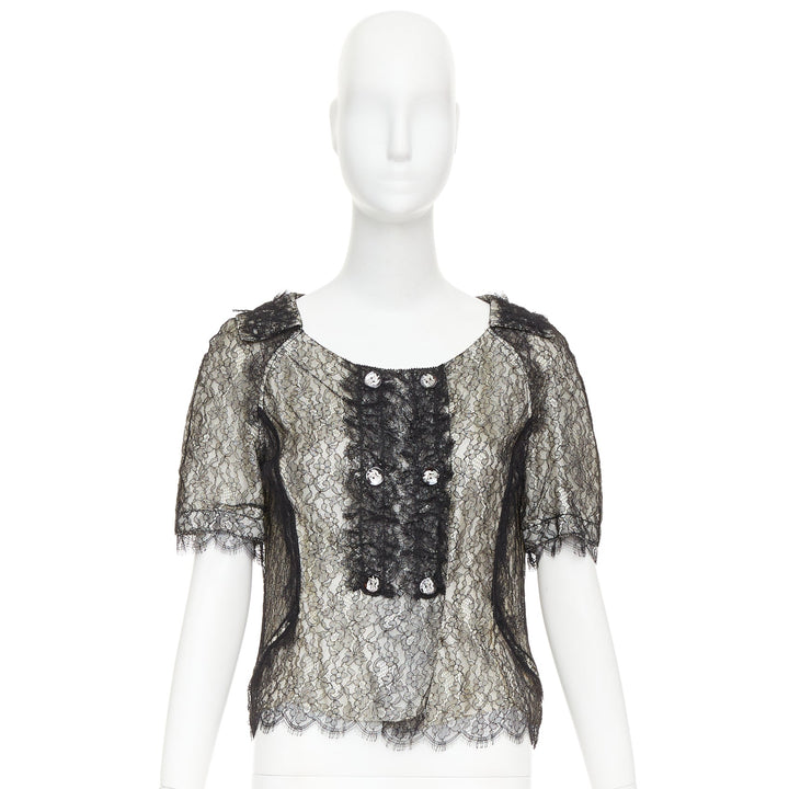 NINA RICCI black lace holographic buttons scallop double breasted blouse IT38 XS