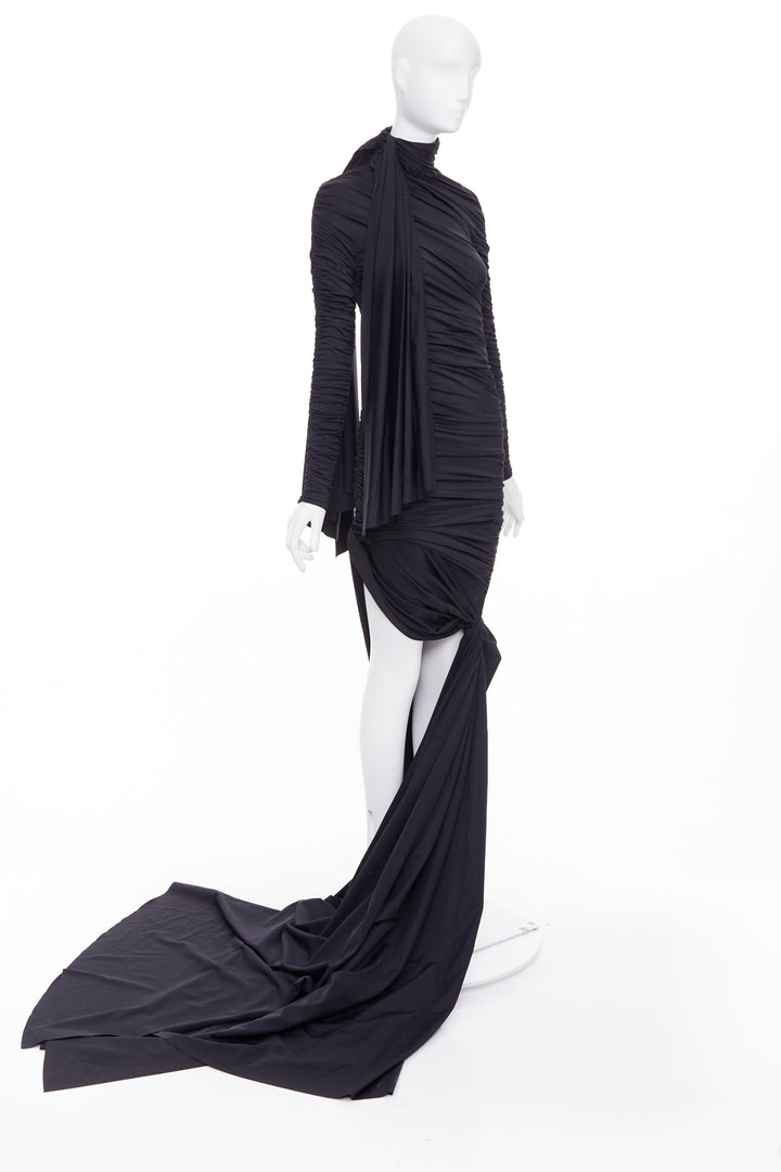 BALENCIAGA Demna 2021 Runway black gathered knot draped long train gown FR36 S