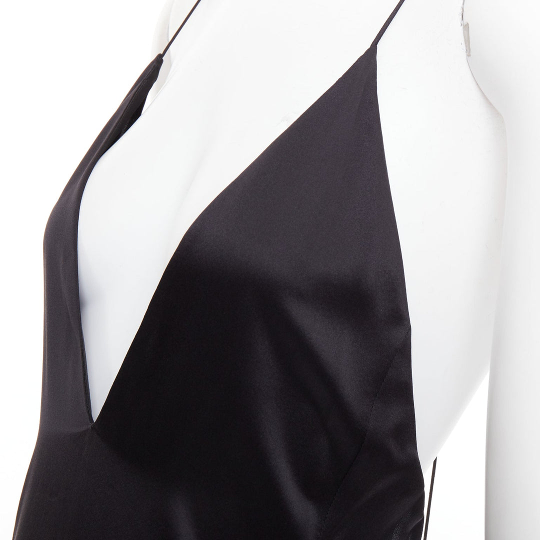 SAINT LAURENT 2022 Runway black silk plunge open back high slit slip gown FR40 M