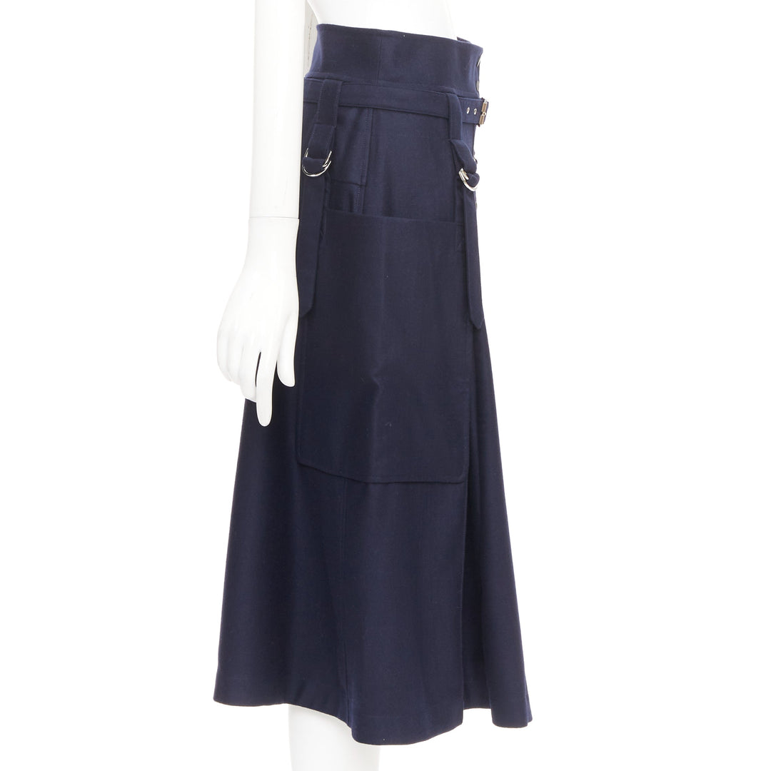HERMES navy flanelle de laine legere buckle belt button front midi skirt FR36 S