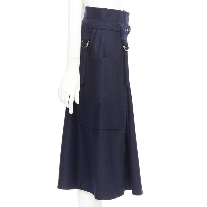 HERMES navy flanelle de laine legere buckle belt button front midi skirt FR36 S