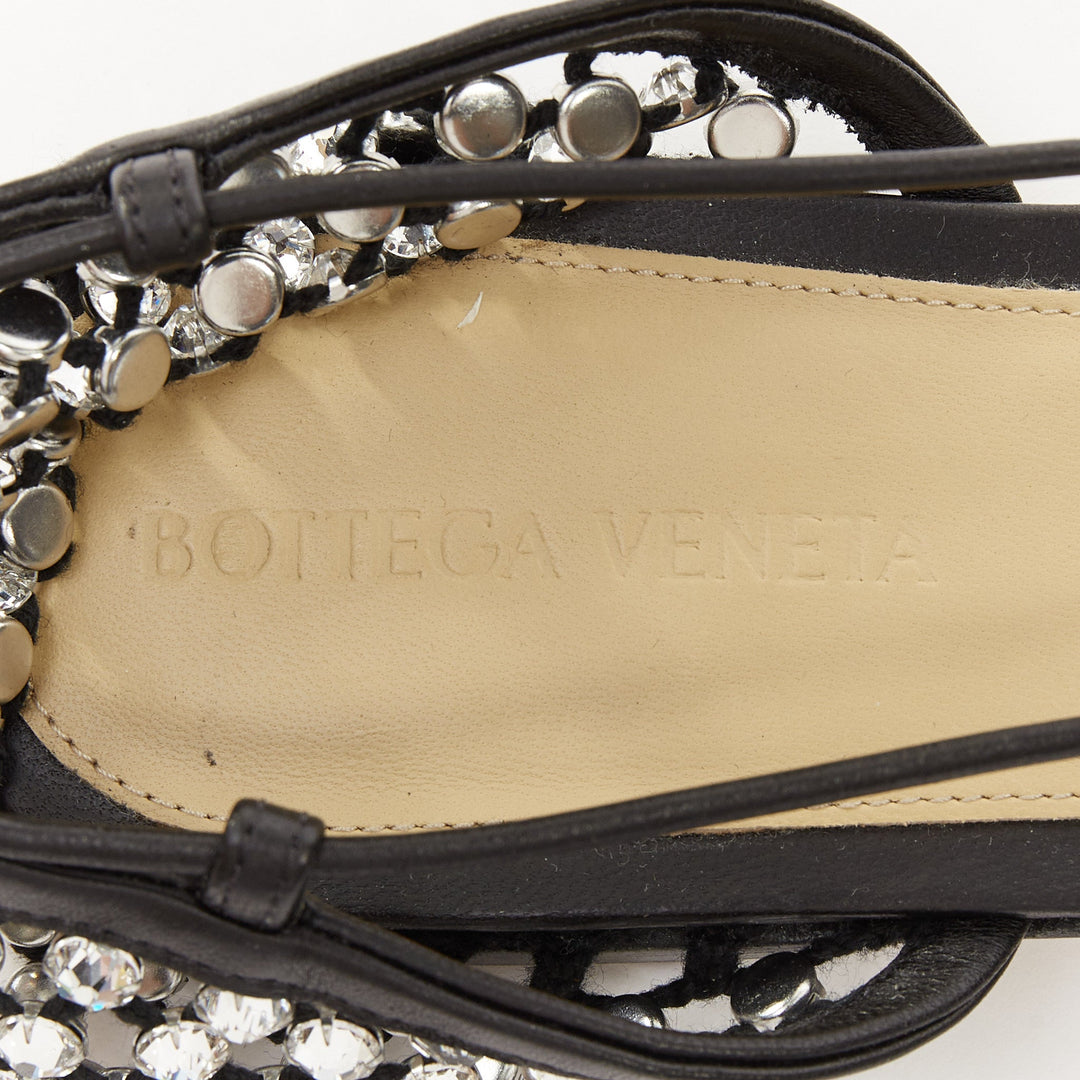 BOTTEGA VENETA Sparkle Stretch black leather crystal mesh lace up flats EU38