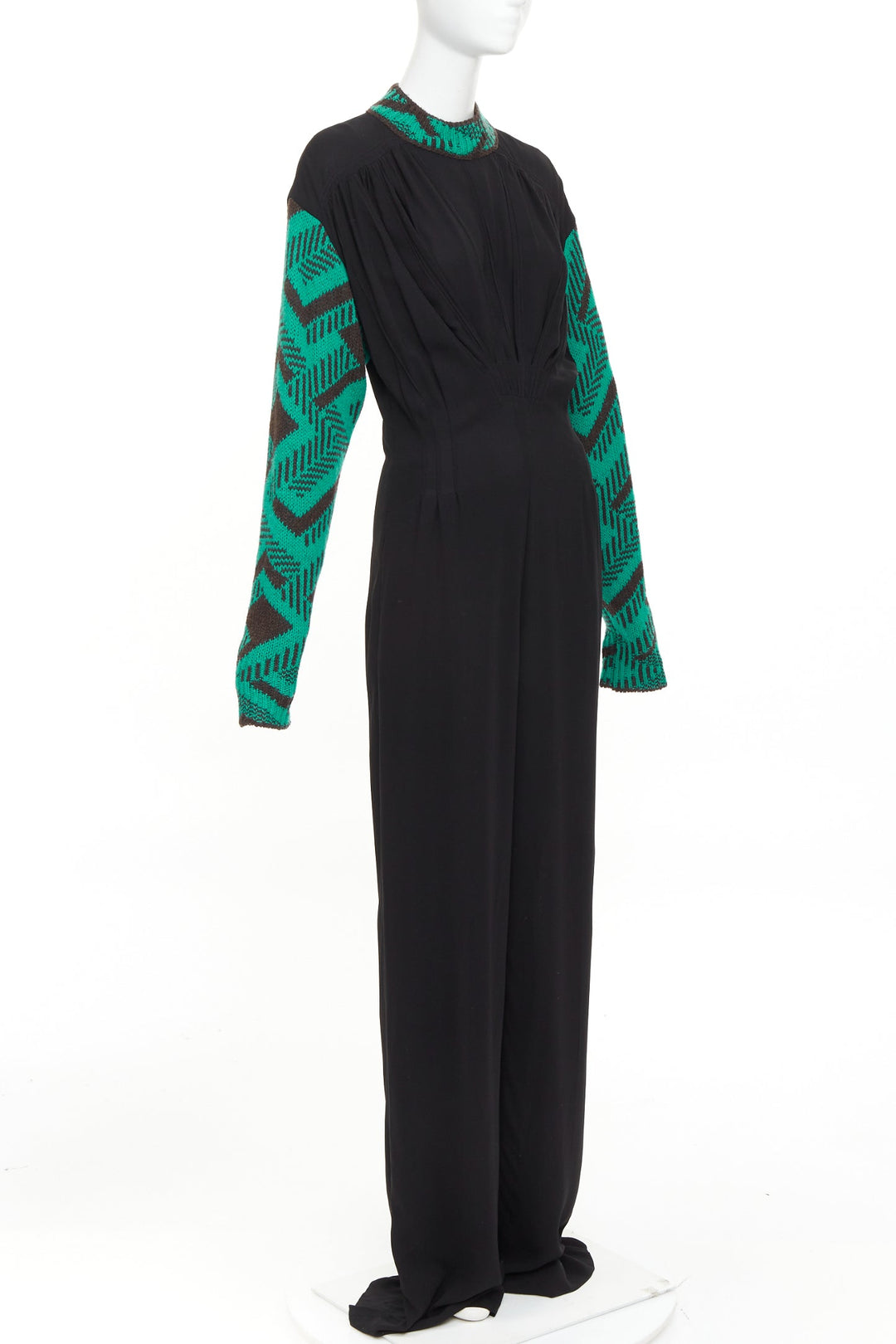 PRADA 2021 Runway black sable green jacquard wool knit pleated jumpsuit IT38 XS